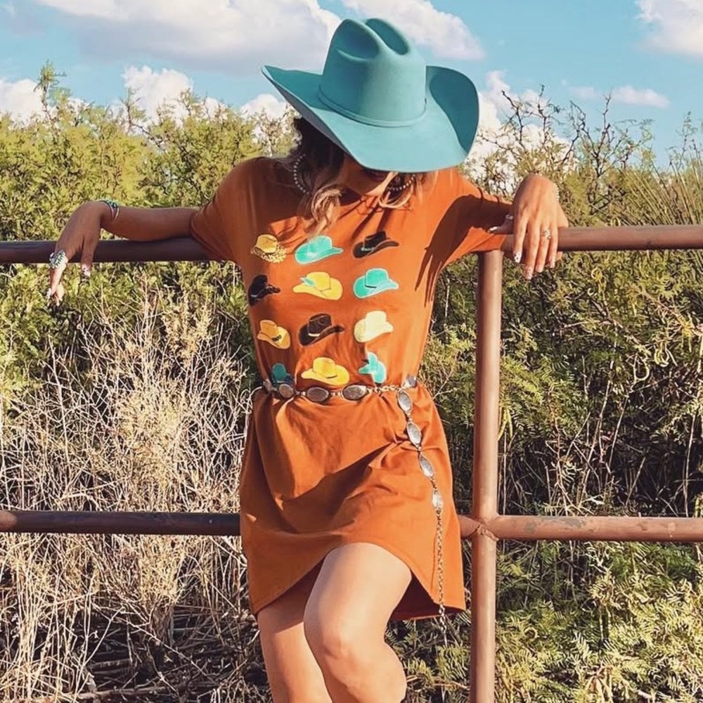 Stylish Orange Dress with Hat Print